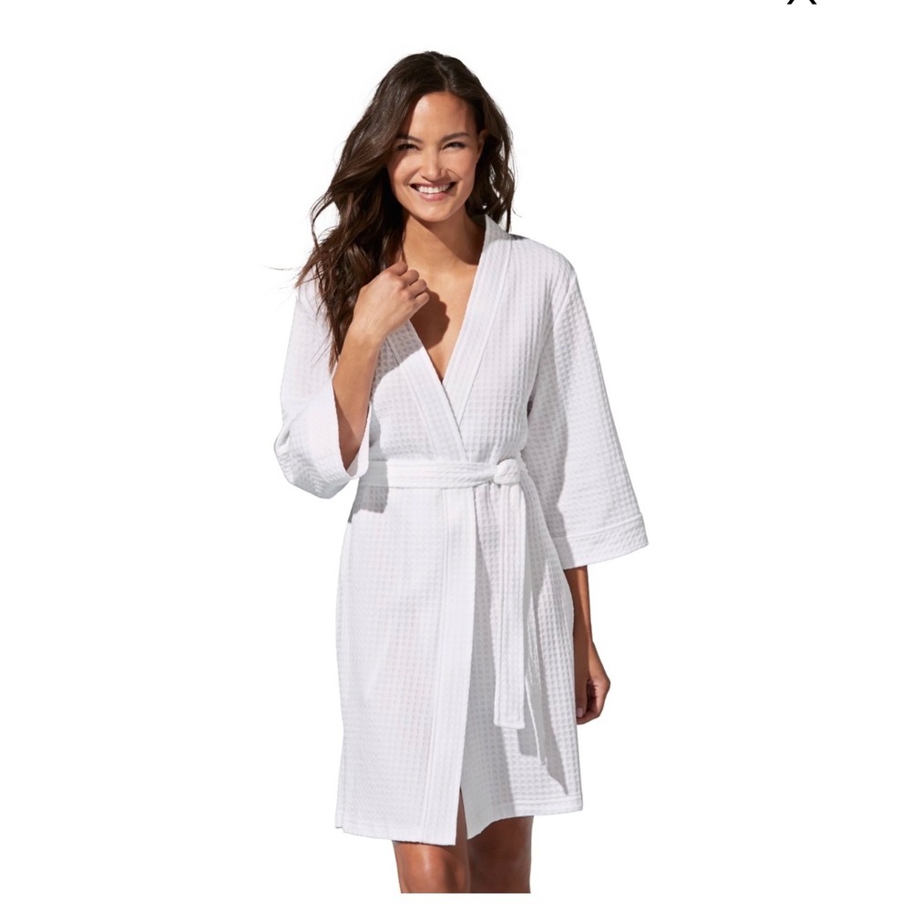 Croft & Barrow White Waffle Knit Robe XL Womens 3/4 Sleeve Tie Belt Pockets